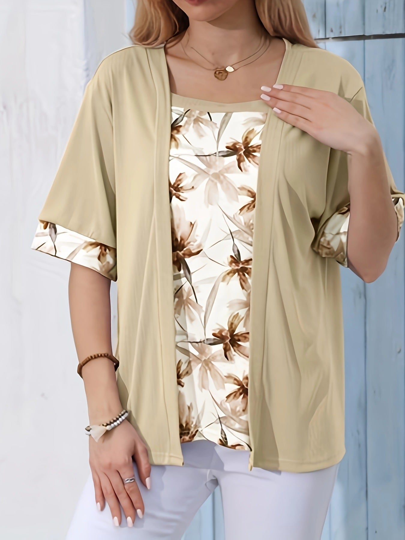 Square Neck Floral Print Fake Two-Piece Short Sleeve Loose Casual Top