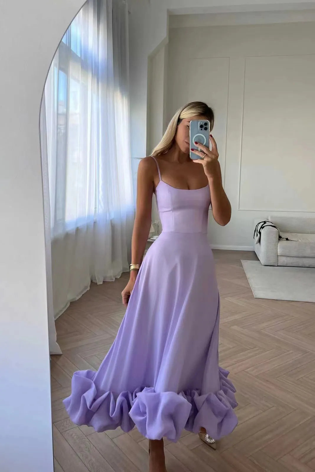 Solid U-Neck Sleeveless High Waist Pleated Flare Midi Dress