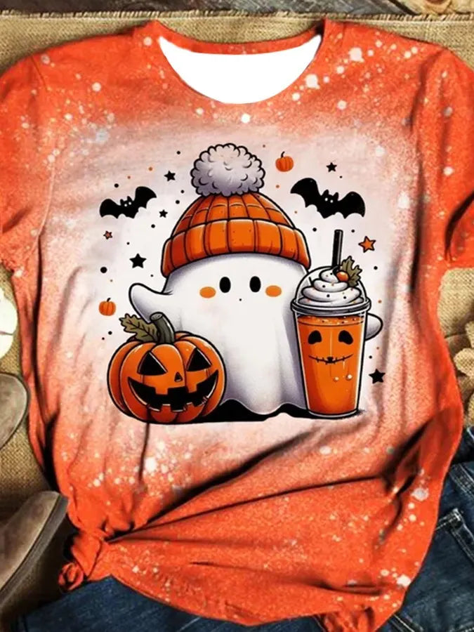 Halloween Floral Ghost Print Crew Neck Short Sleeve T‑Shirt