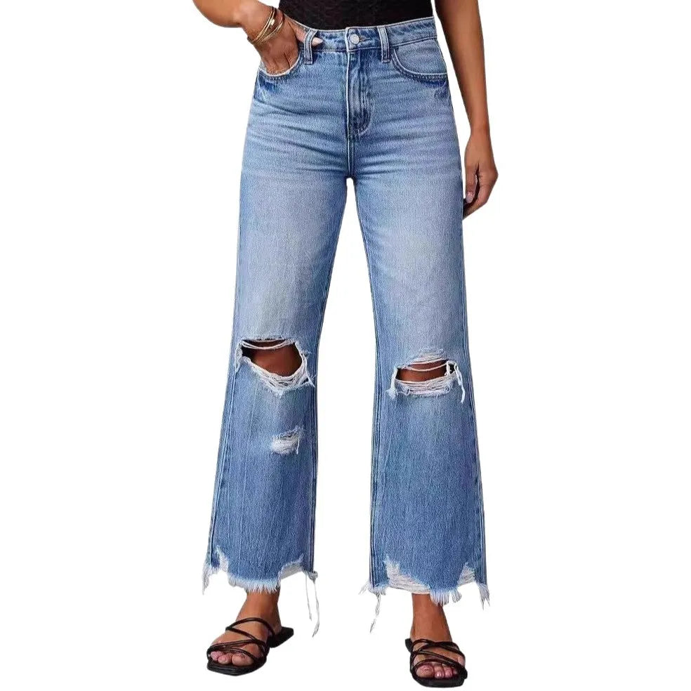 High Waist Frayed Raw Hem Distressed Denim Pants