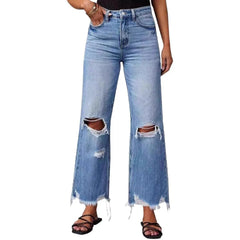 High Waist Frayed Raw Hem Distressed Denim Pants