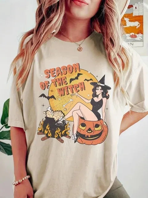 Halloween Season Of The Witch Print Crew Neck Short Sleeve T‑Shirt