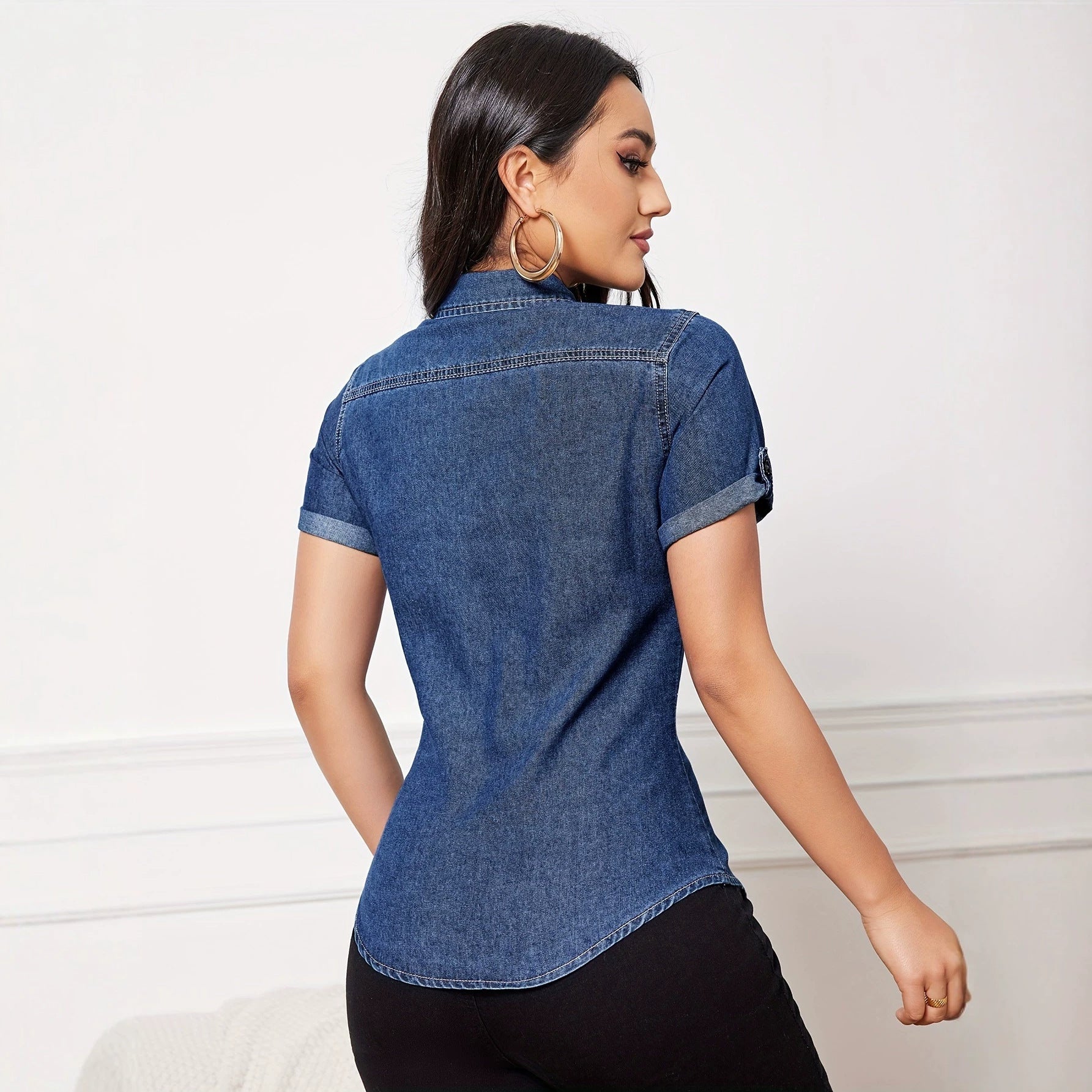 Dark Wash Blue Short Sleeve Denim Shirt