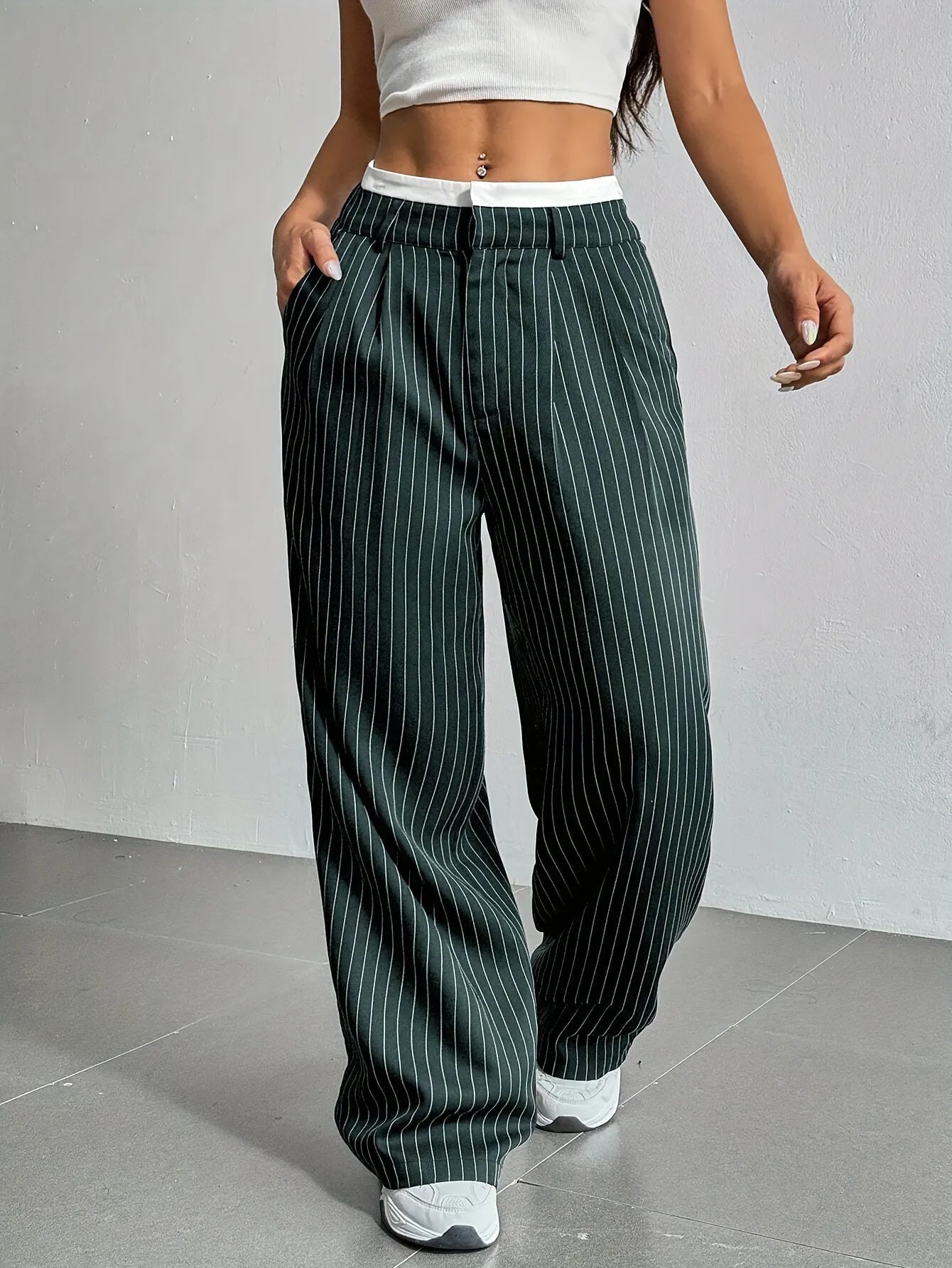 High Waist Striped Loose Wide Leg Suit Pants