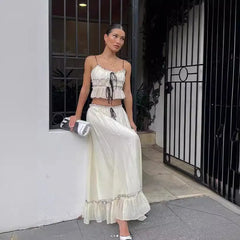 Cream Lace Trim Two-Piece Set, Ruffled Cami Top & Maxi Skirt