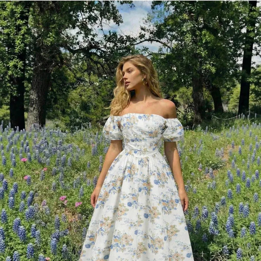 Floral Print Square Neck Off Shoulder Puff Short Sleeve High Waist A-Line Midi Dress