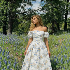 Floral Print Square Neck Off Shoulder Puff Short Sleeve High Waist A-Line Midi Dress