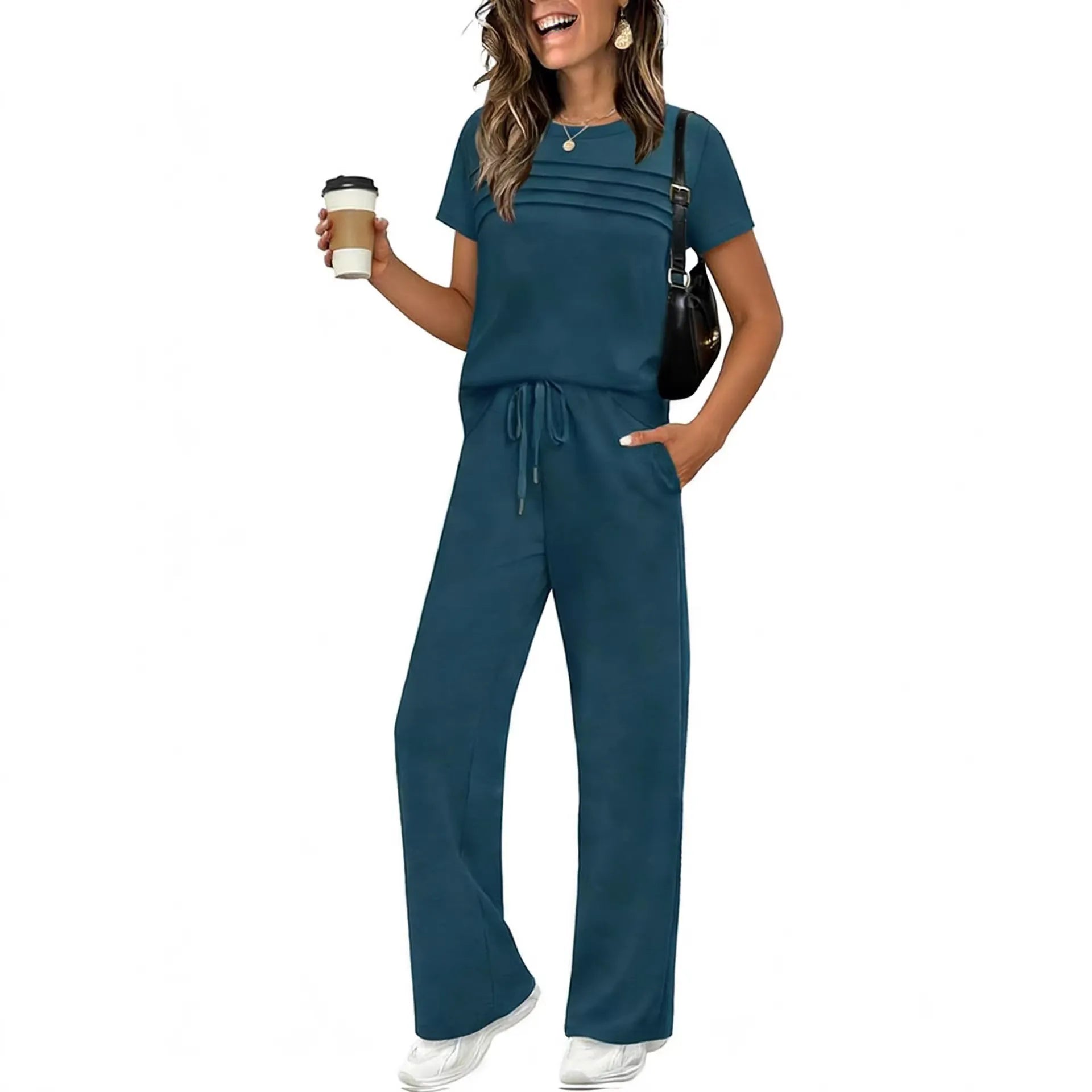 Short Sleeve Ruched Top & Drawstring Wide-Leg Pants Set