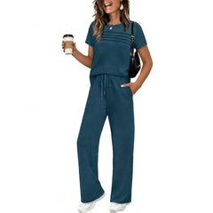 Short Sleeve Ruched Top & Drawstring Wide-Leg Pants Set