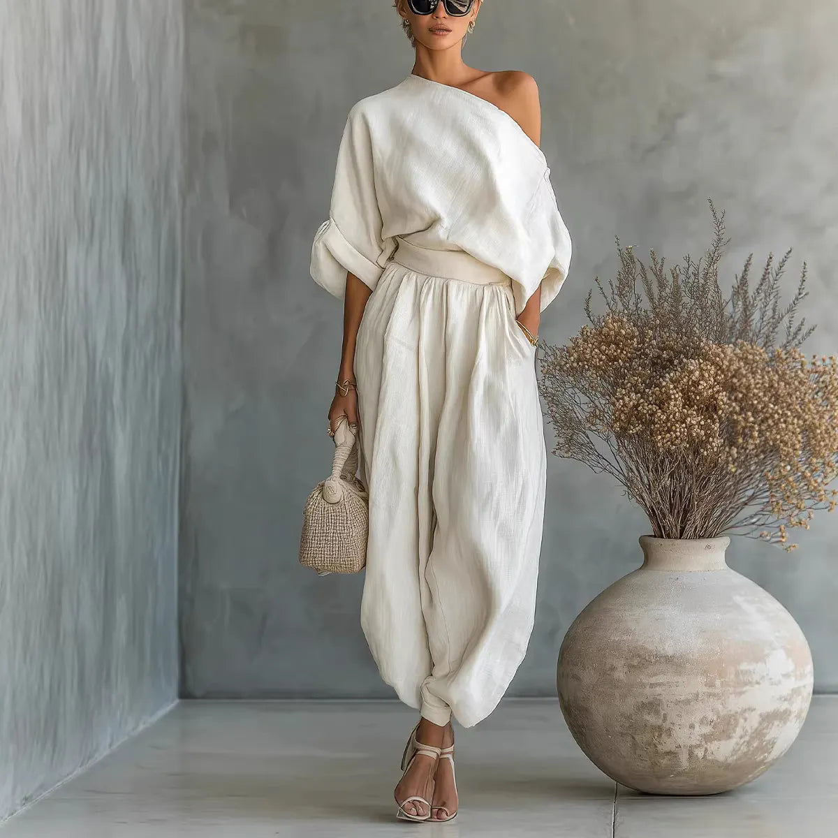 One-Shoulder Blouse & High-Waisted Harem Pants Set