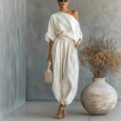 One-Shoulder Blouse & High-Waisted Harem Pants Set