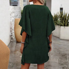 Loose V-Neck Ruffle Sleeve Mini Dress