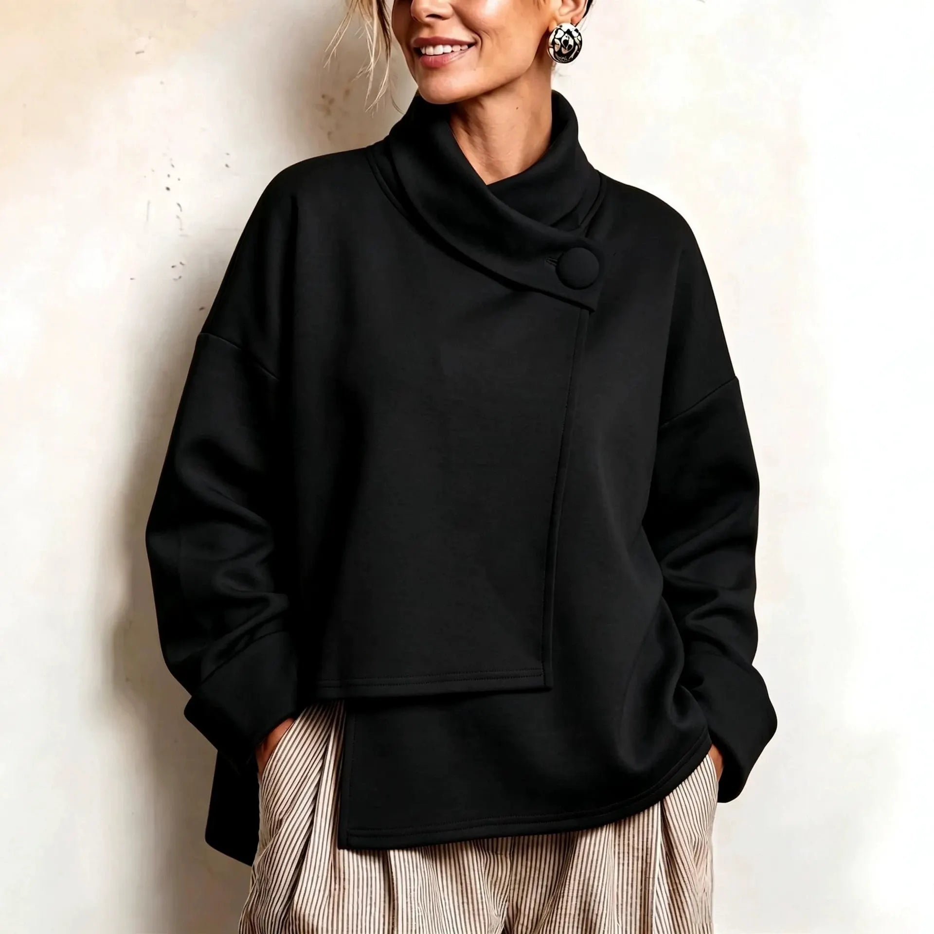 Asymmetric Button Turtleneck Sweatshirt Oversized Long Sleeve Wrap Collar Pullover