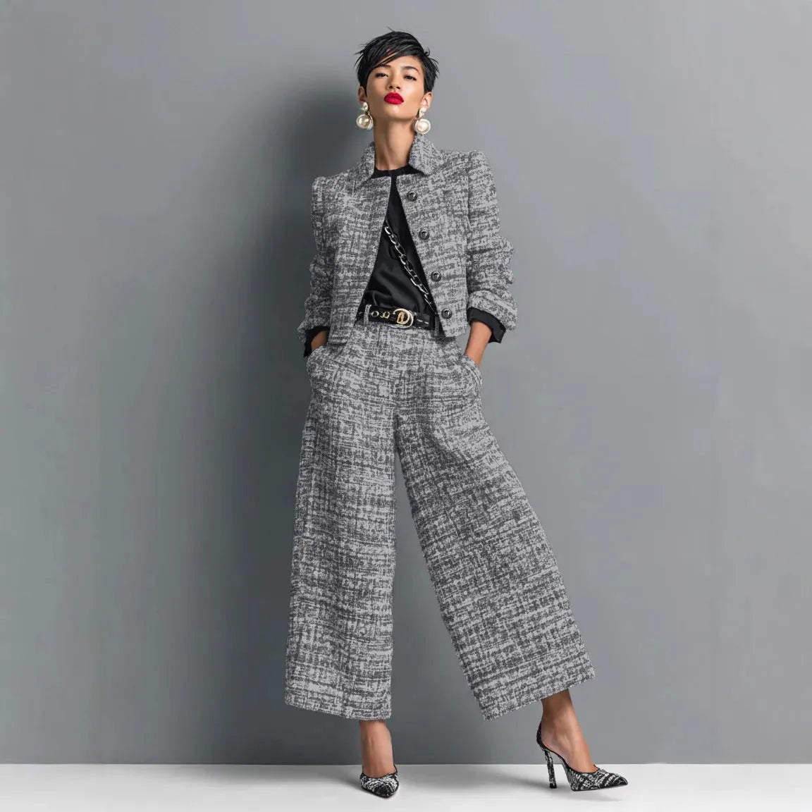 Tweed Cropped Blazer & Wide Leg Pants Two Piece Set