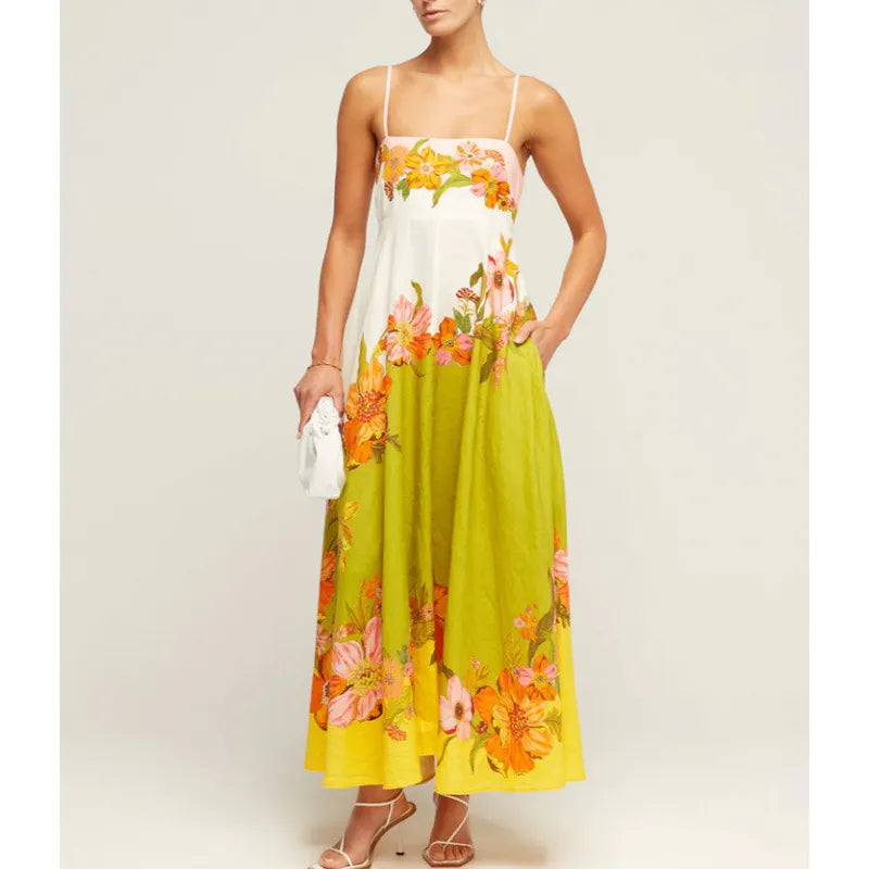 Whimsical Art Print Spaghetti-Strap Maxi Dress