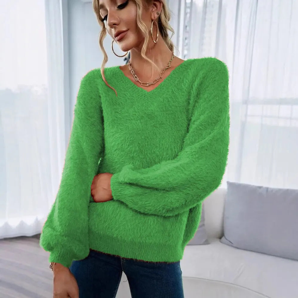 Bright Orange Furry V Neck Sweater Ladies Balloon Sleeve Soft Casual Fall Knit Top