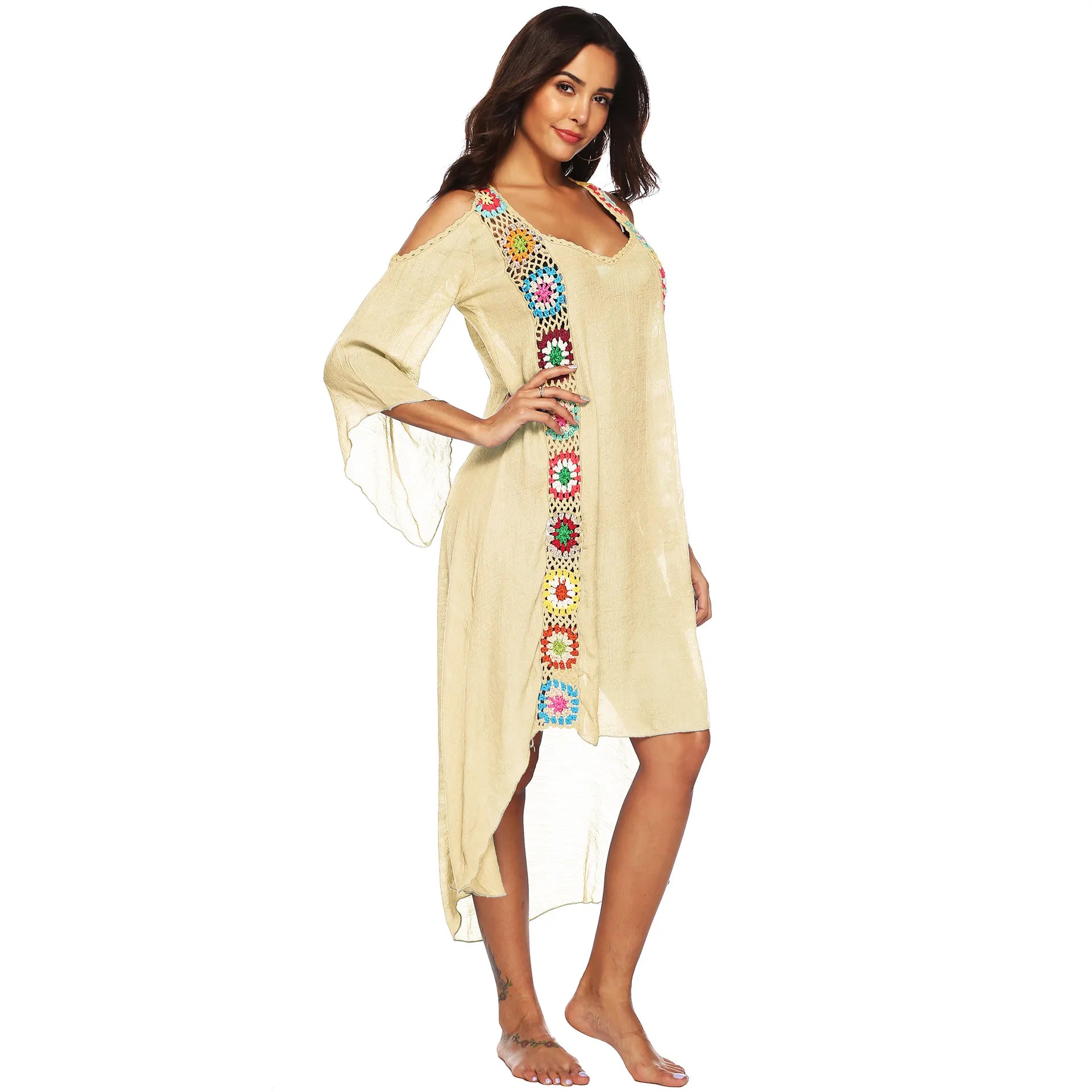 Colorful Crochet Irregular Cold Shoulder Cover-Up Dress