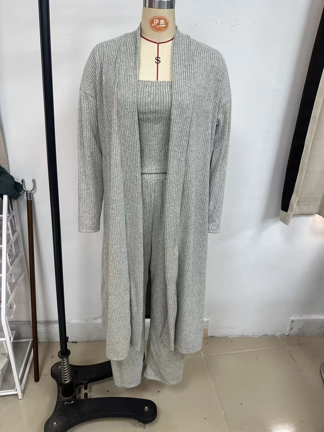Casual Knit 3 Piece Matching Set, Heather Grey Long Duster Cardigan Cami And Wide Leg Pants Outfit