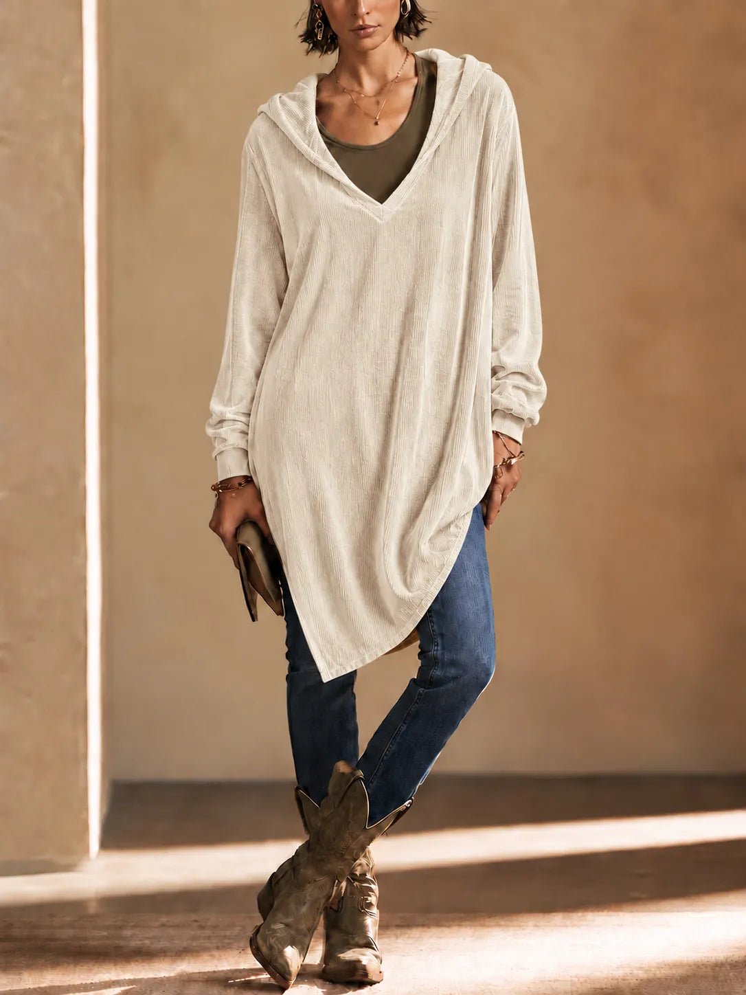Loose Fit Corduroy V-Neck Hooded Long Sleeve Tunic Top