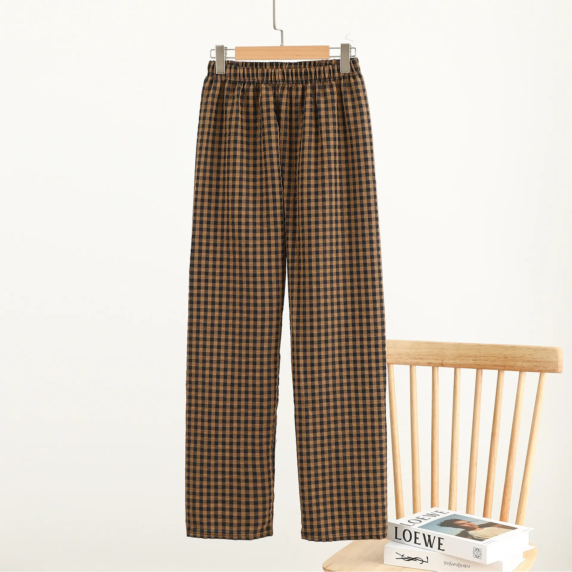 Plaid Elastic Waist Wide Leg Pants