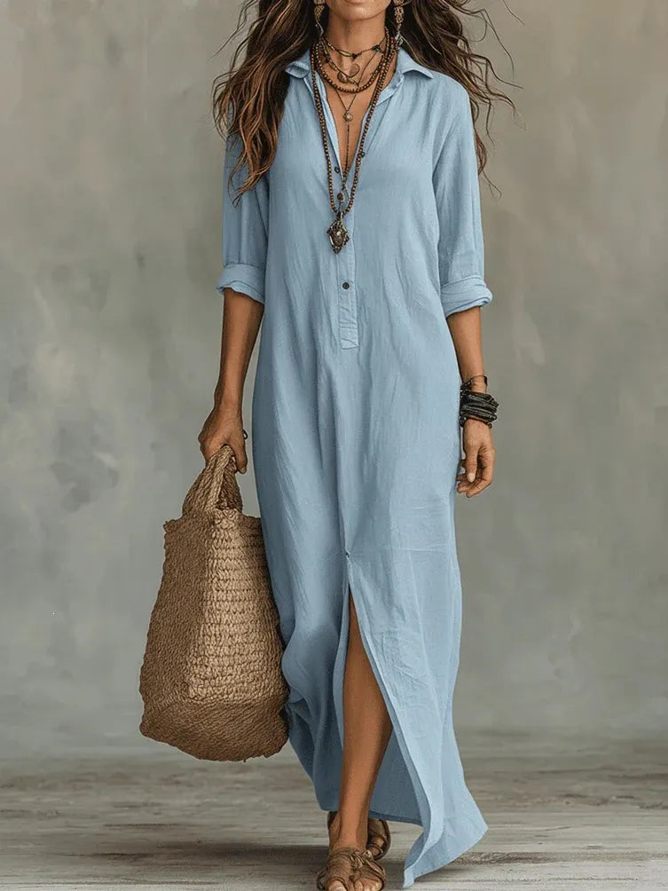 Collared Split Linen Maxi Dress