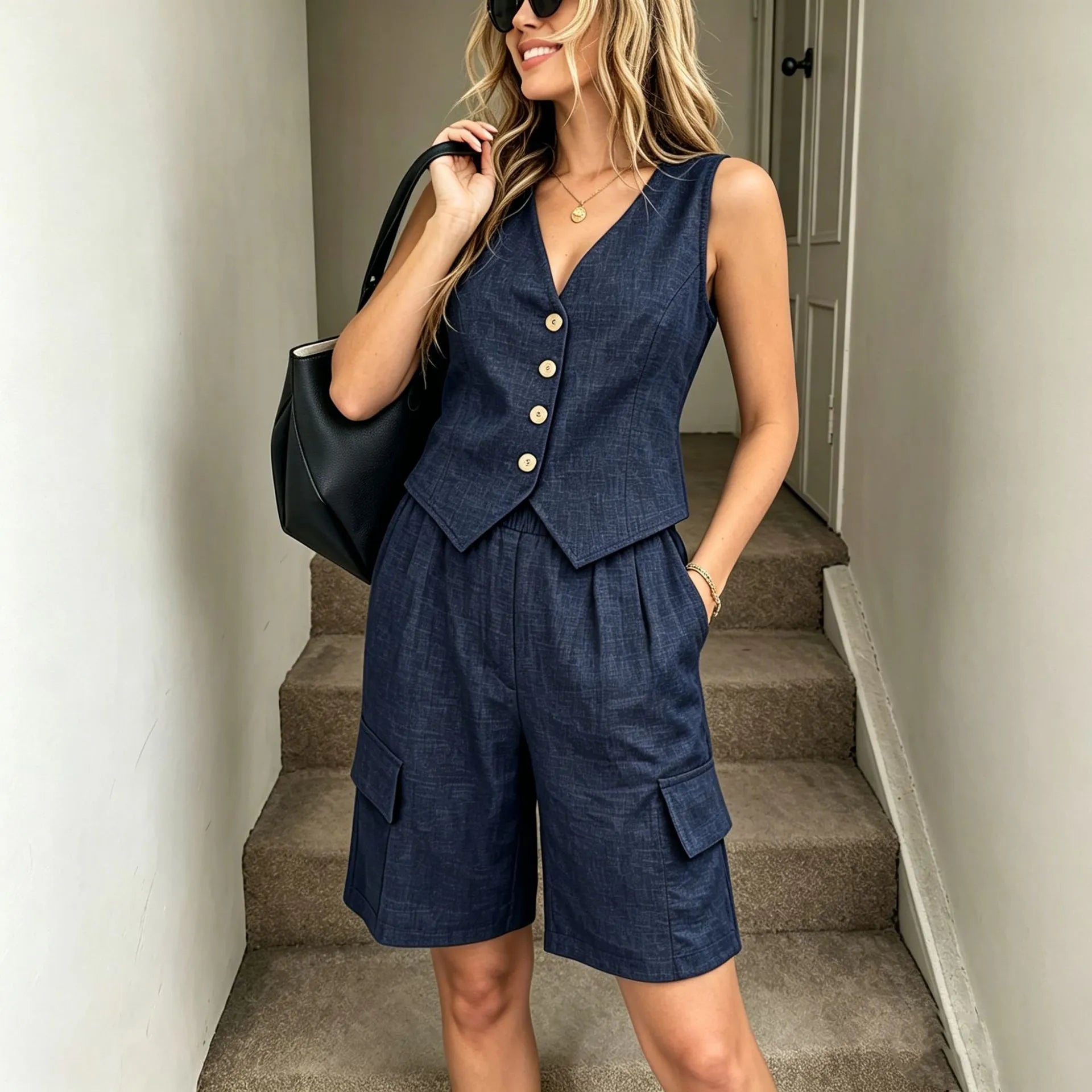 V-Neck Button Vest & Cargo Pocket Shorts Casual Two-Piece Set