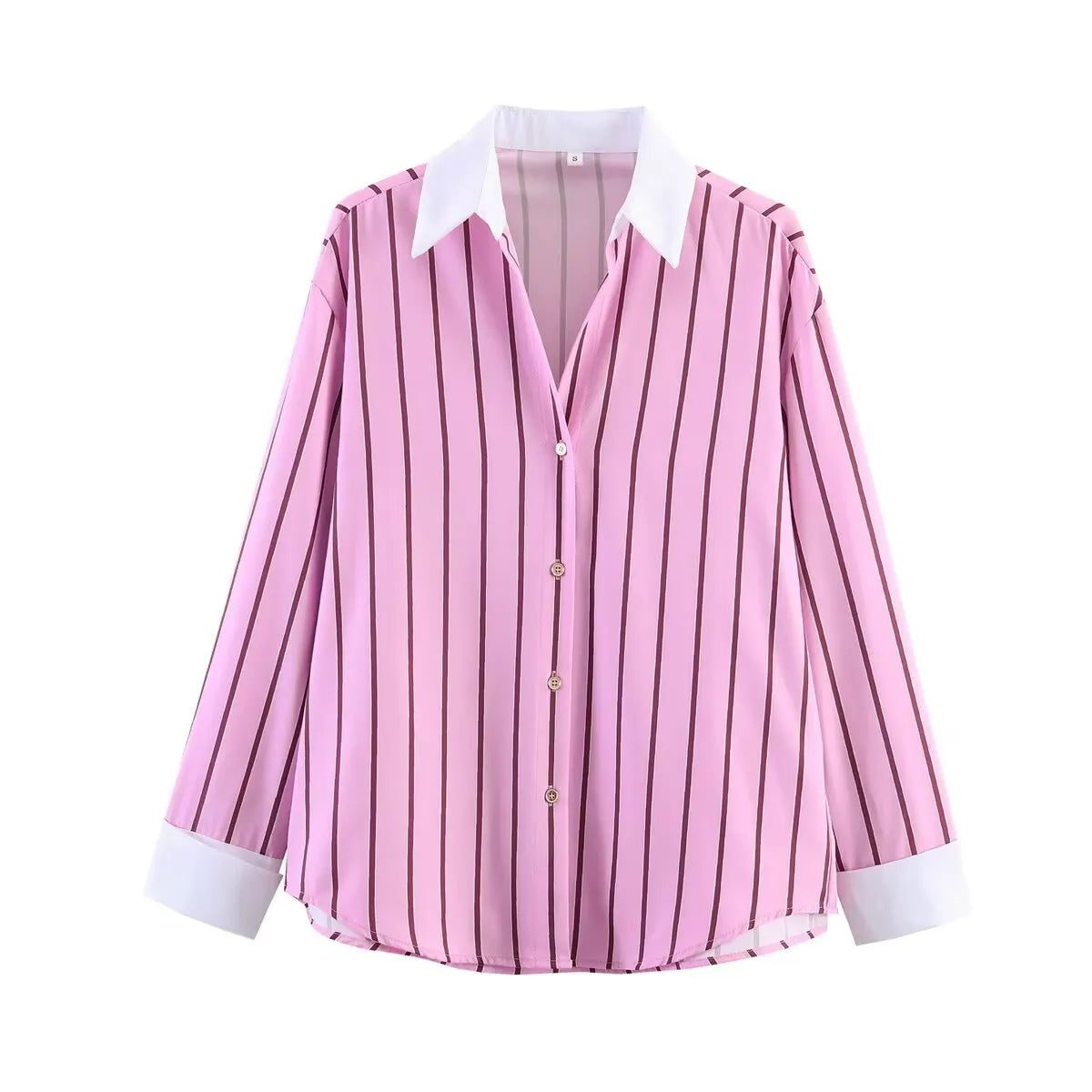 Contrast Lapel Cuff Vertical Stripe Loose Long Sleeve Button Down Shirt