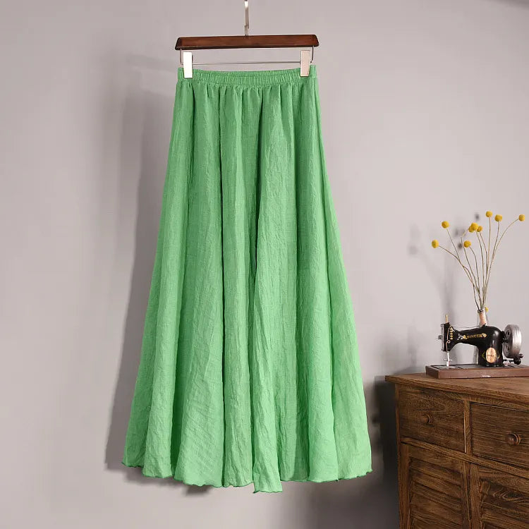 Linen Blend Maxi Skirt High Waist Pleated Flowy Skirt
