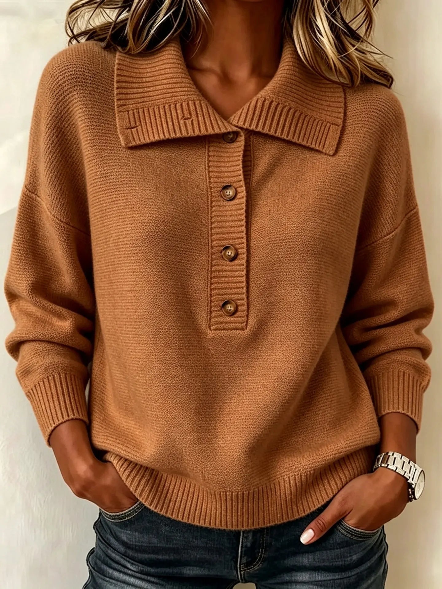 Casual Lapel Collar Knit Pullover, Soft Loose Fit Half Button Long Sleeve Sweater for Fall Winter