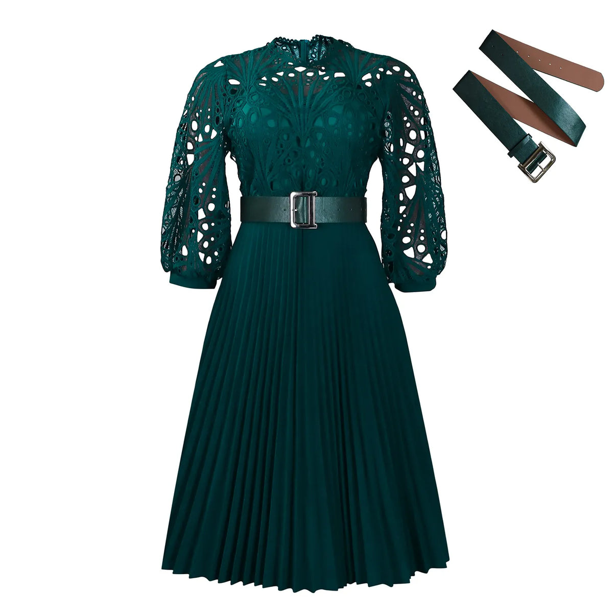 Lace Patchwork Pleated Midi Dress