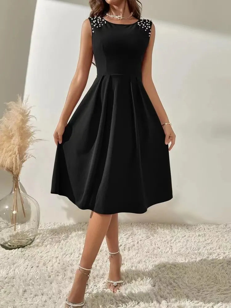 Sleeveless Pearl Decor Midi Swing Dress