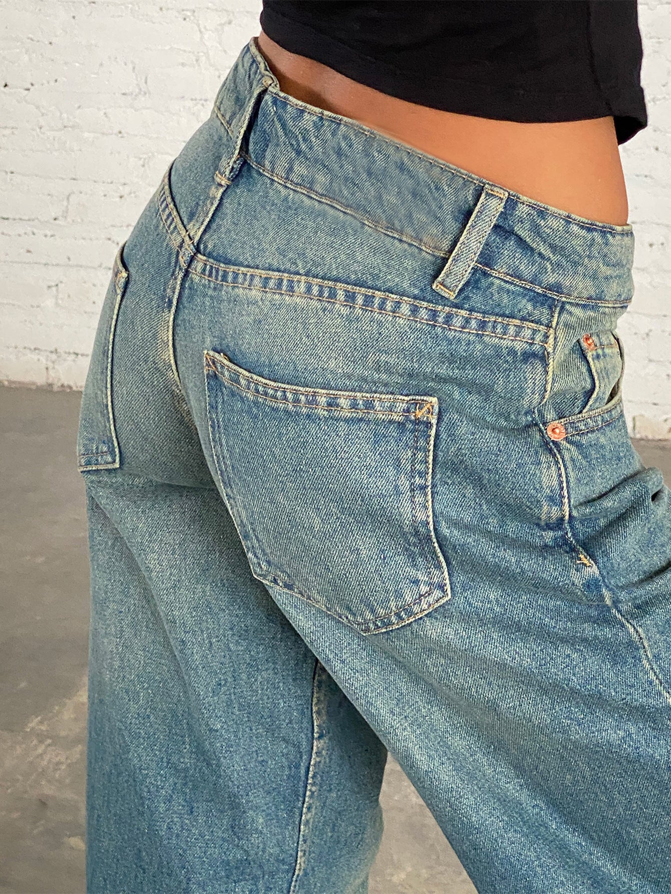 Vintage Wash Low Rise Wide Leg Denim Jeans
