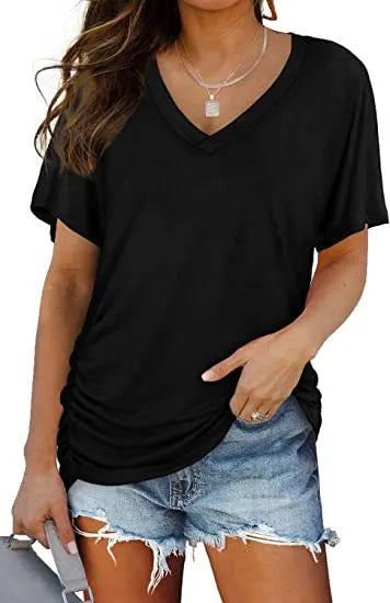 V-Neck Solid Color Loose Short Sleeve Rayon Blend Casual T-shirt