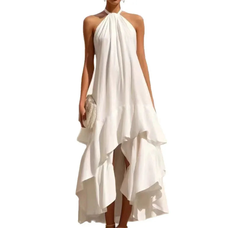 Halter Neck Sleeveless Solid Color Ruffle Asymmetrical Maxi Dress