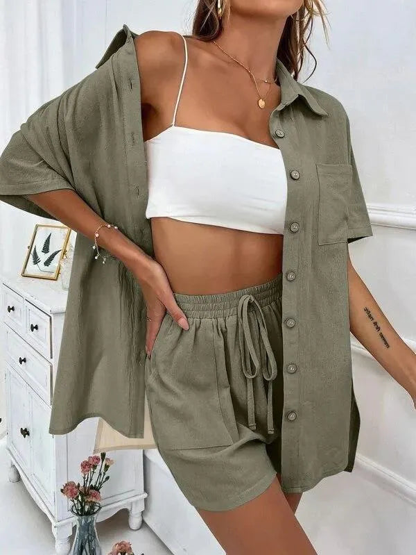 Linen Button Down Shirt & Shorts Set