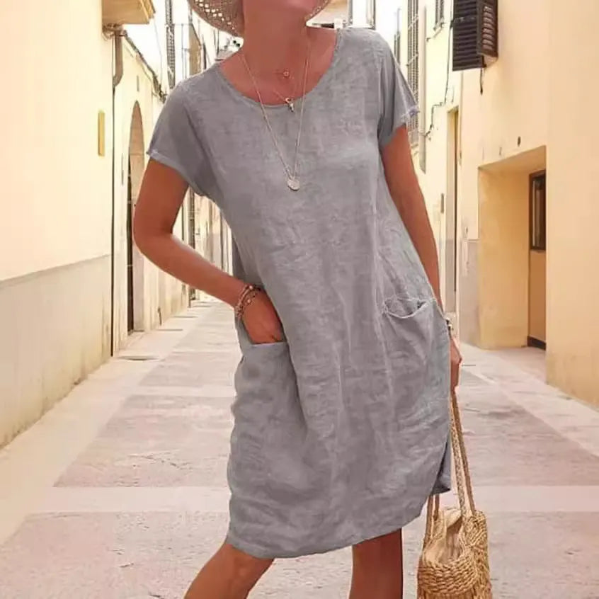 Solid Color Cotton Linen Short Sleeve Midi Dress,