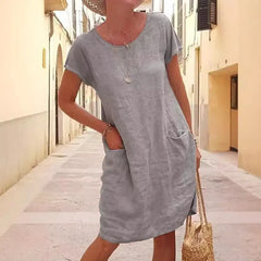 Solid Color Cotton Linen Short Sleeve Midi Dress,