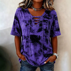 Tie-Dye V-Neck Lace-Up Casual Short Sleeve T-Shirt