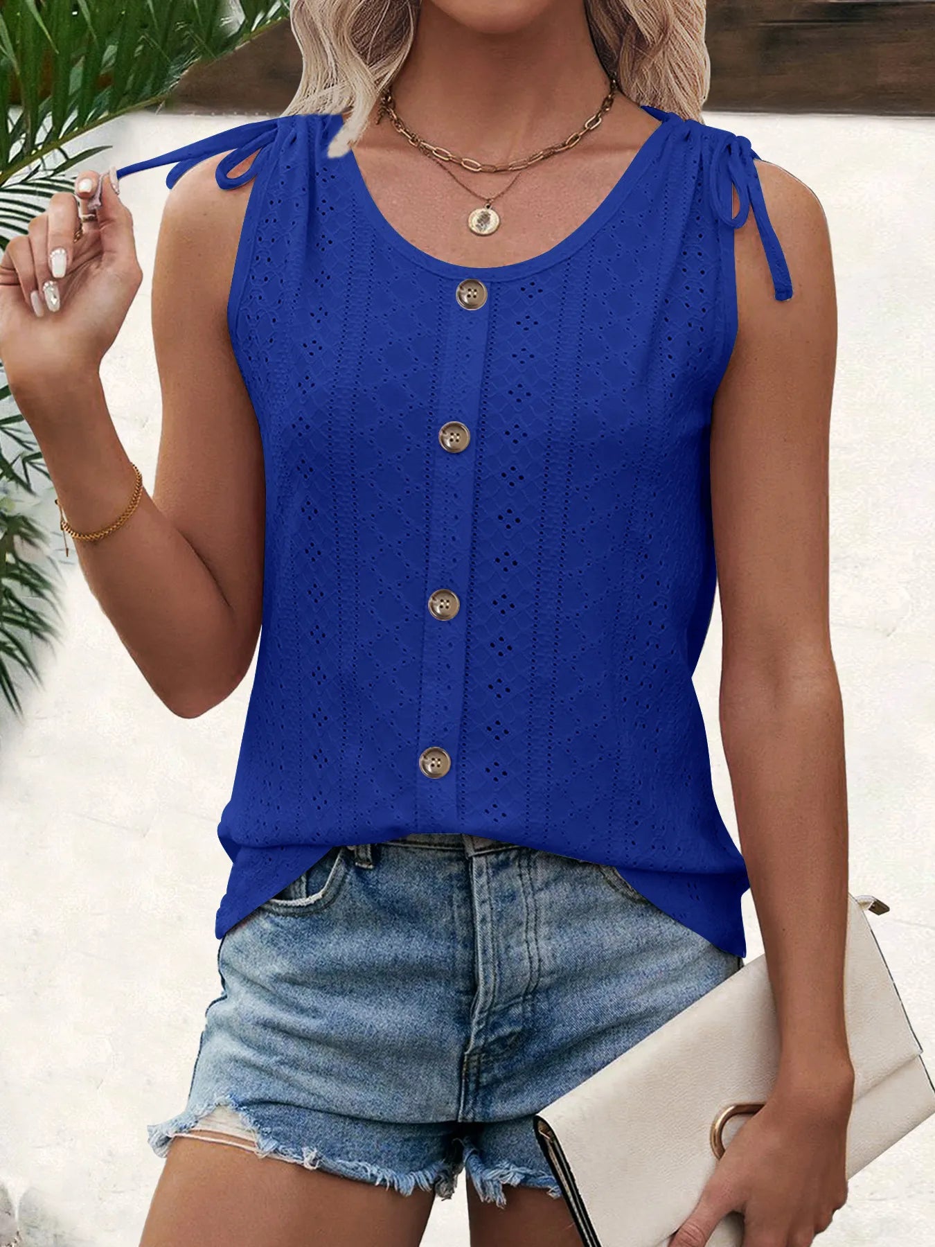 Solid Color Eyelet Embroidered Tie Shoulder Button Down Sleeveless Tank Top
