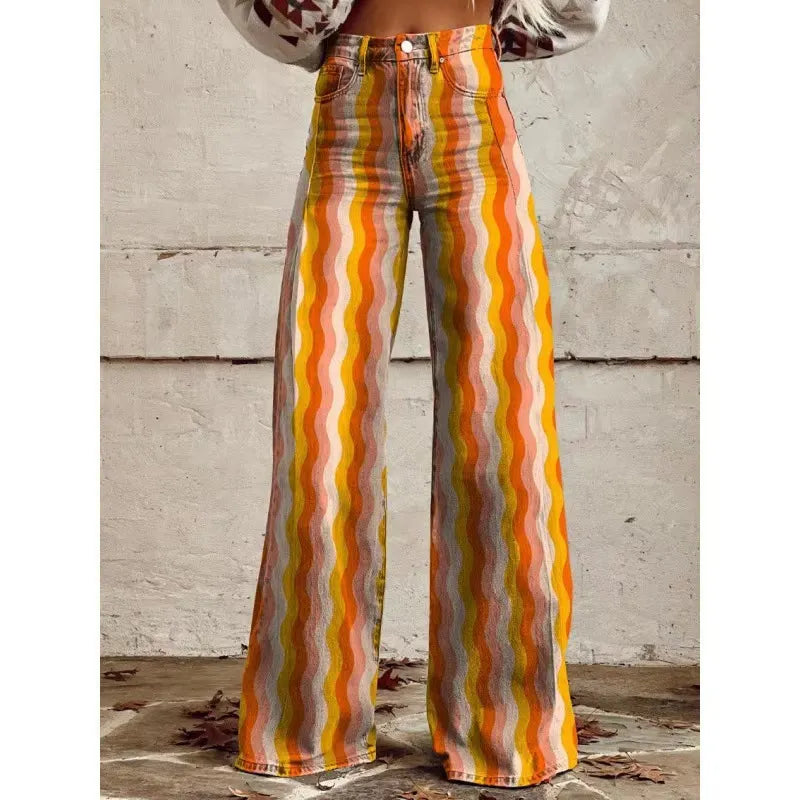 High Waist Western Cowboy Horse Print Wide Leg Pants