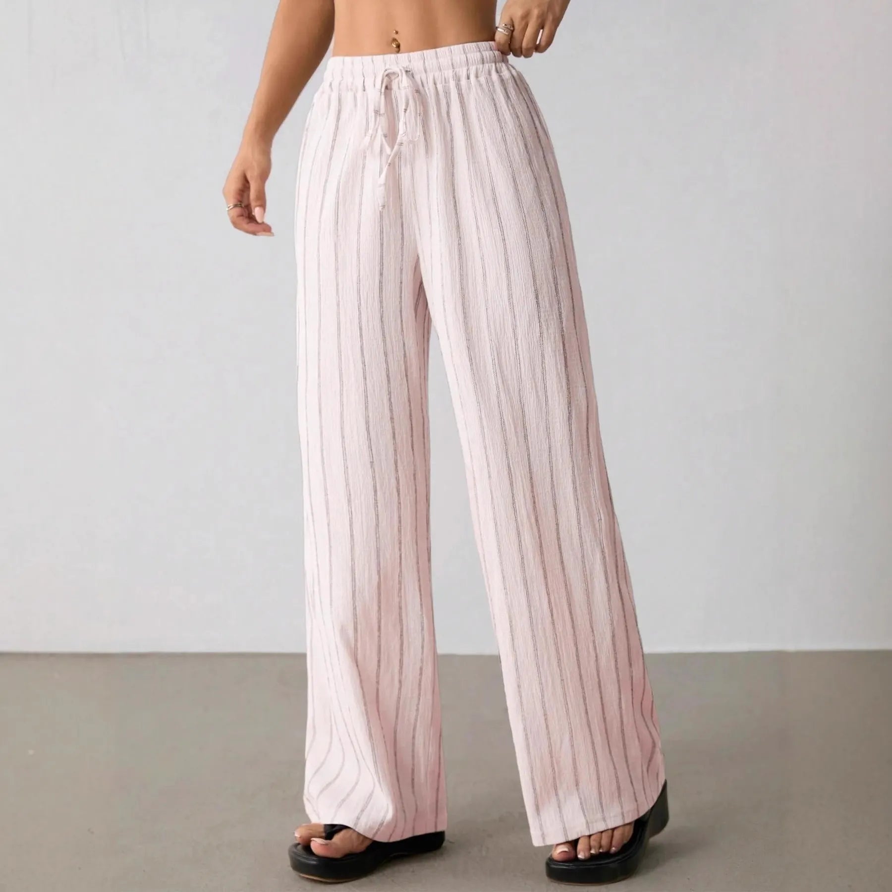 Vertical Striped Elastic Waist Wide Leg Pants