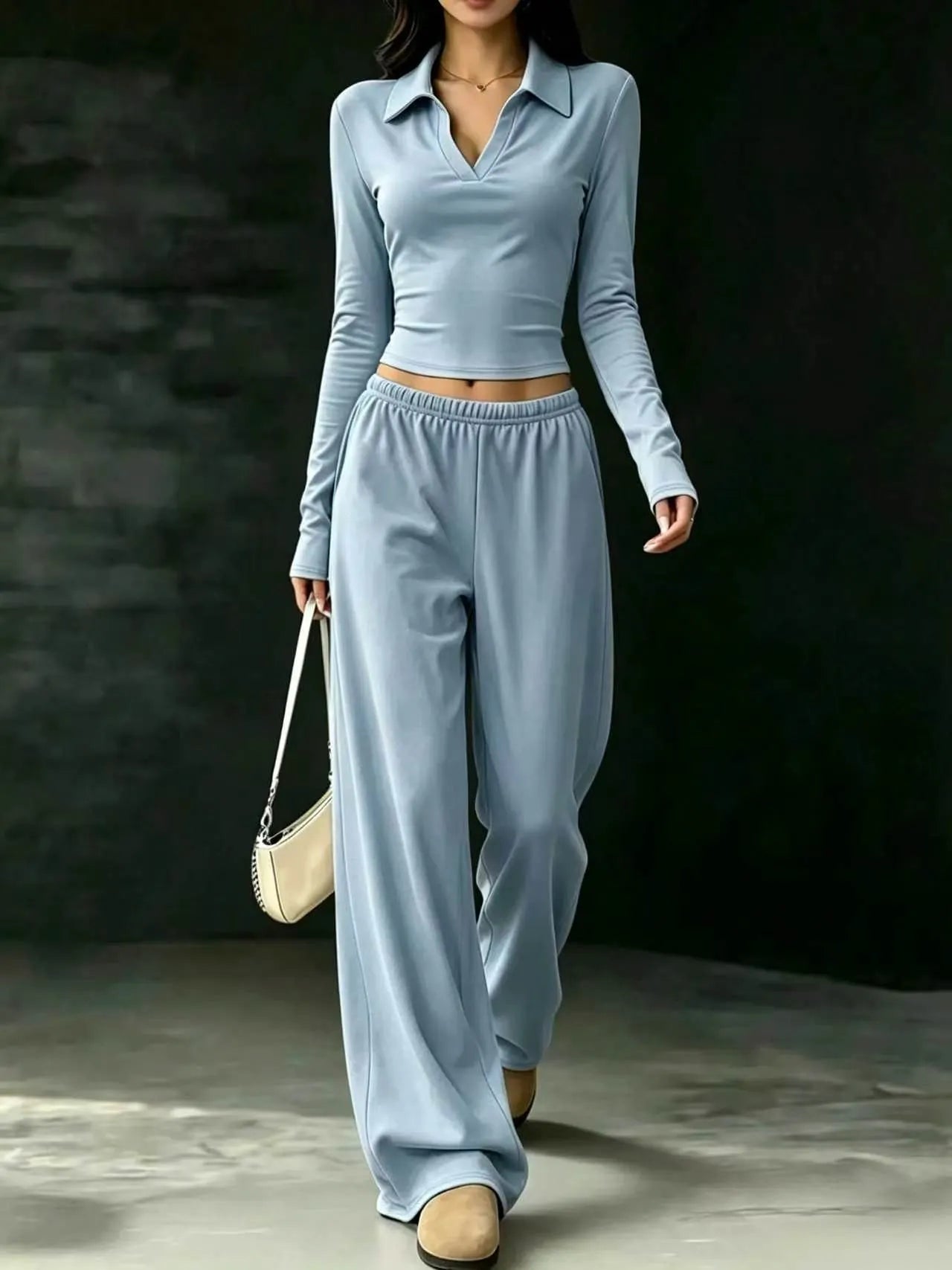 Black Polo V-neck Long Sleeve Crop Top & Elastic Waist Wide Leg Pants Two Piece Set