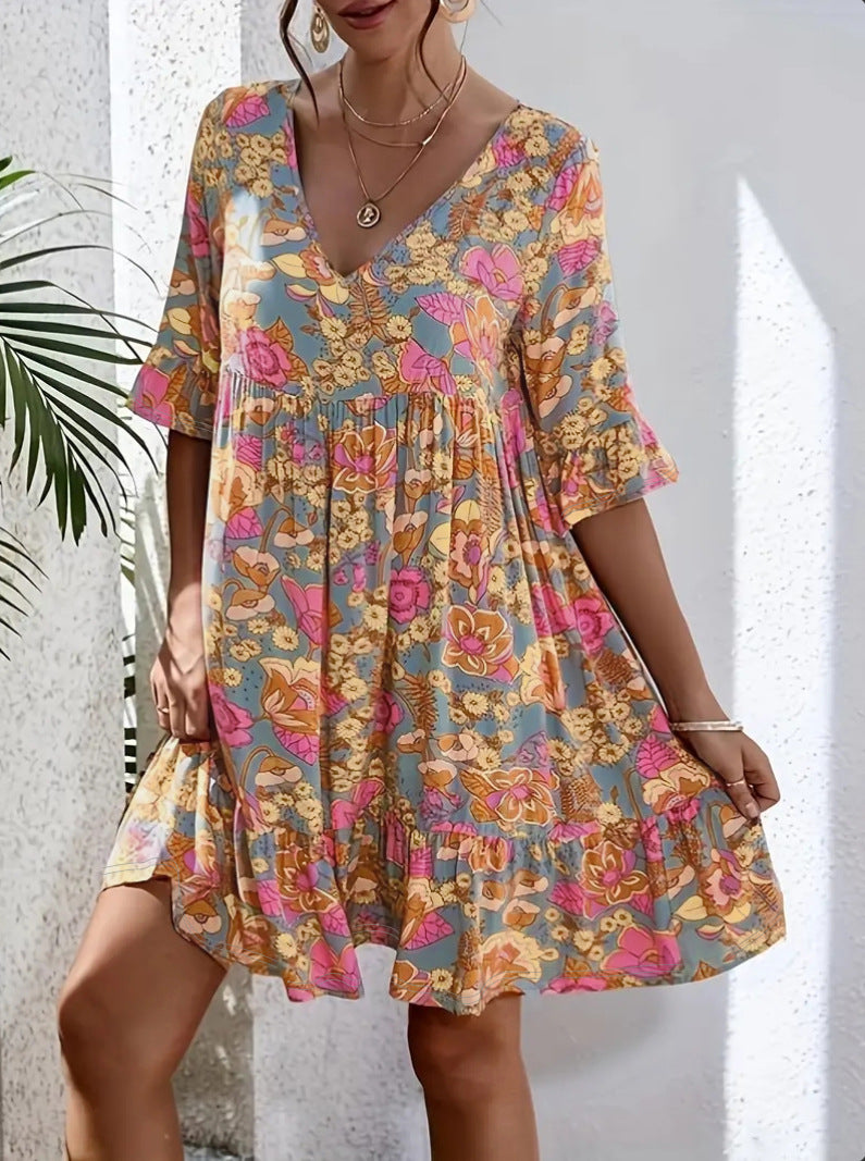 Floral Print Ruffle Hem Mini Dress