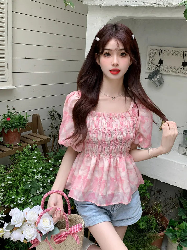 Tie-Dye Square Neck Puff Short Sleeve Peplum Top