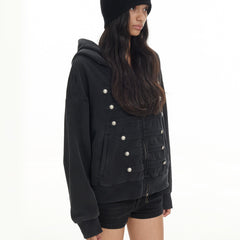 Oversized Hooded Sweatshirt Jacket, Dark Wash Decor Button Front Zip Up Hoodie
