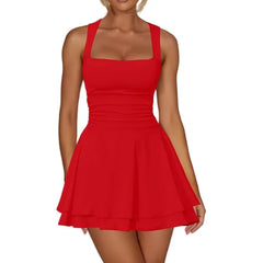Square Neck Sleeveless Ruched Waist Double Layer Ruffle Mini Dress