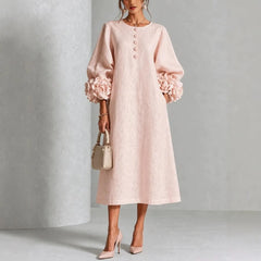 Light Pink Linen Midi Dress, 3D Floral Puff Sleeve Round Neck Button Front Loose Dress With Pockets