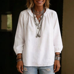 Ruffle Stand Collar Half Button Puff Three-Quarter Sleeve Solid Polyester Blouse