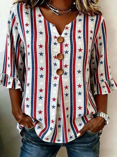 Round Neck Floral Printed Single Breasted 3/4 Ruffle Sleeve Loose Blouse