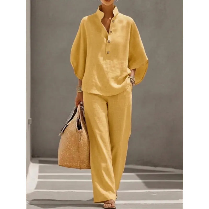 Solid Color Casual Two-Piece Shirt & Pants Set